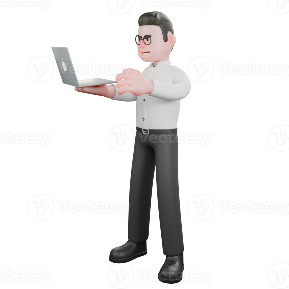 Creative 3D Cartoon Producer. A male Producer stands while operating a labtop, a tense expression. Film Illustration png