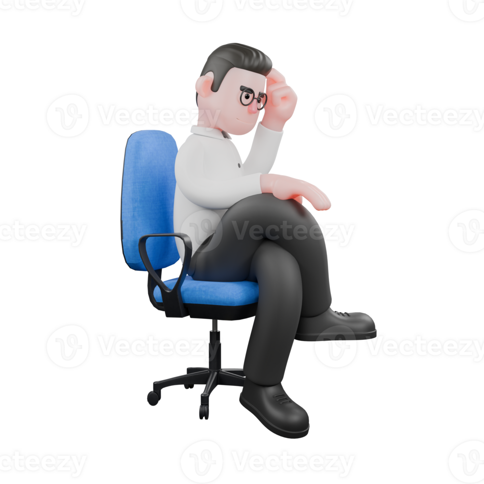 Animated Producer 3D Model. a male producer sits on a blue chair with his right leg over his left leg while his hand is on his head, thinking expression. Pro Cartoon Illustration png