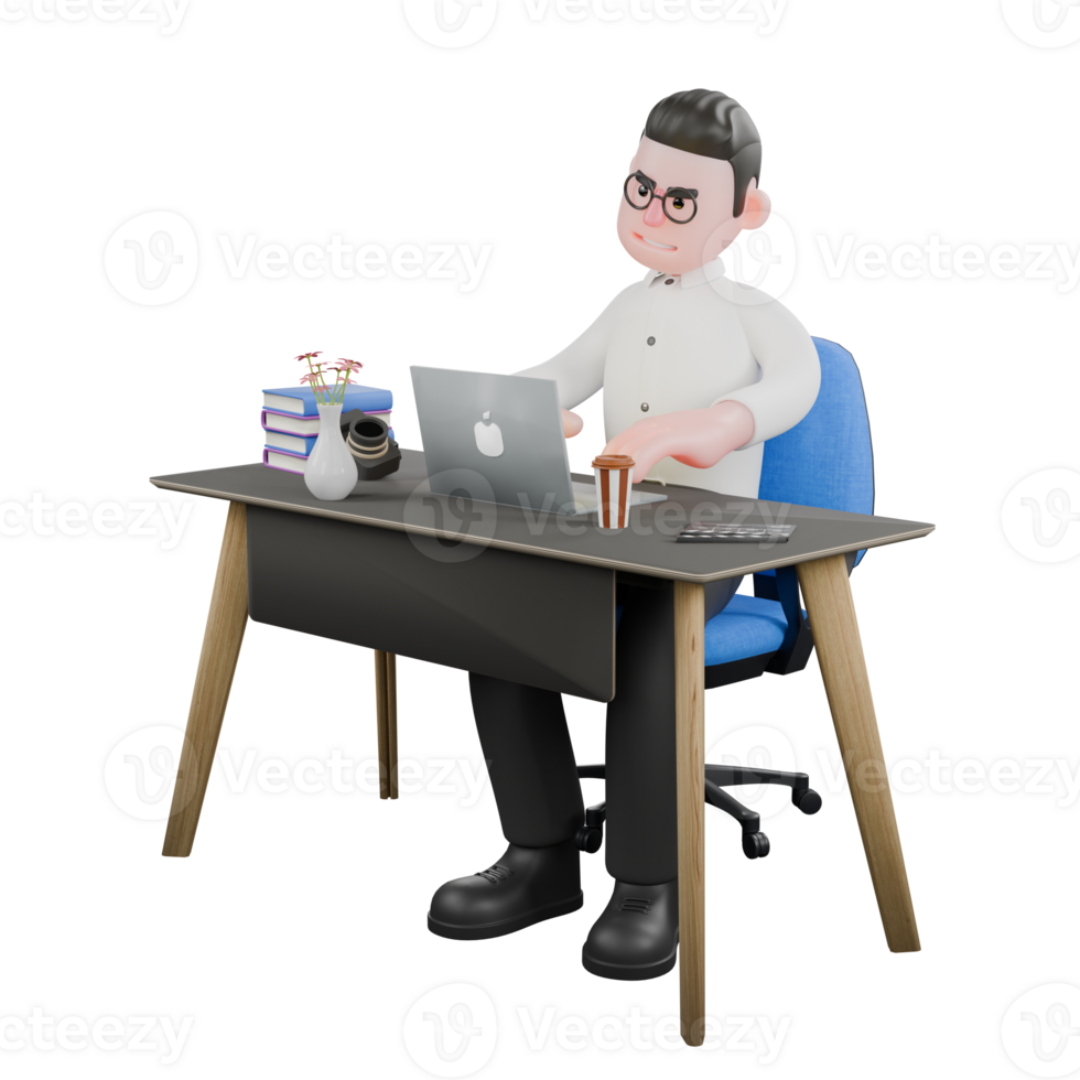 3D Producer Design. A male producer sits with a laptop on a desk while typing with both hands on the keyboard, with a focused expression. Professional Illustration png