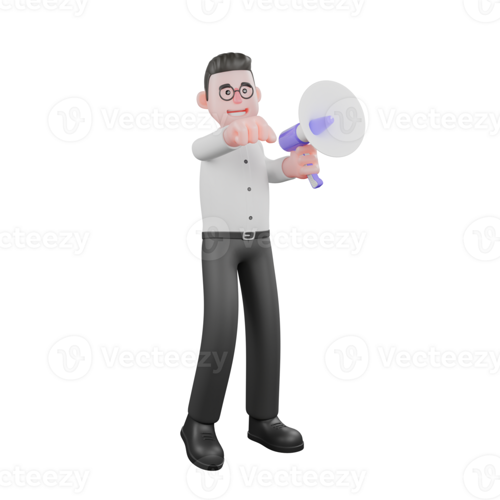 Creative 3D Cartoon Producer. A male producer stood up holding a loudspeaker and bit his right thumb, an anxious expression. Model Style png