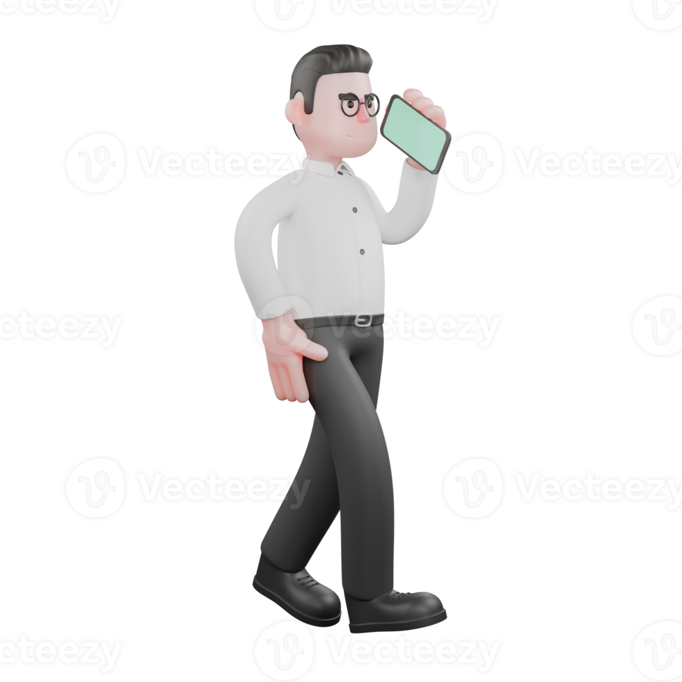 3D Model Producer. a male producer walks to the left while answering a phone call using a cellphone. Cartoon Pro Illustration png