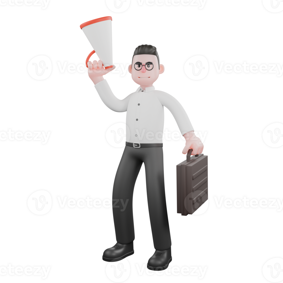 3D Cartoon Producer. A male producer stands with his right hand holding up the loudspeaker while his left hand is carrying a work suitcase. Pro Film Style png