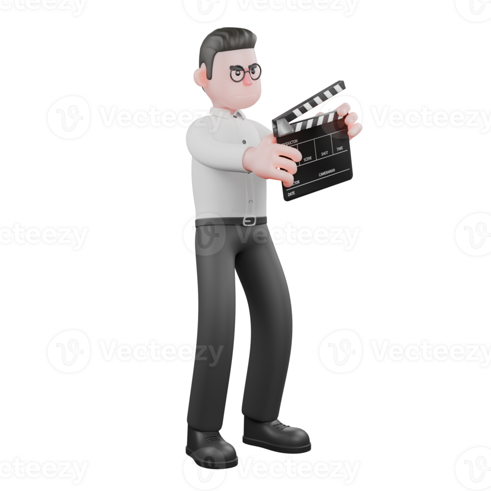 3D Producer Model. a male producer stands while holding a clap cut board in both hands. Animation Pro Illustration png