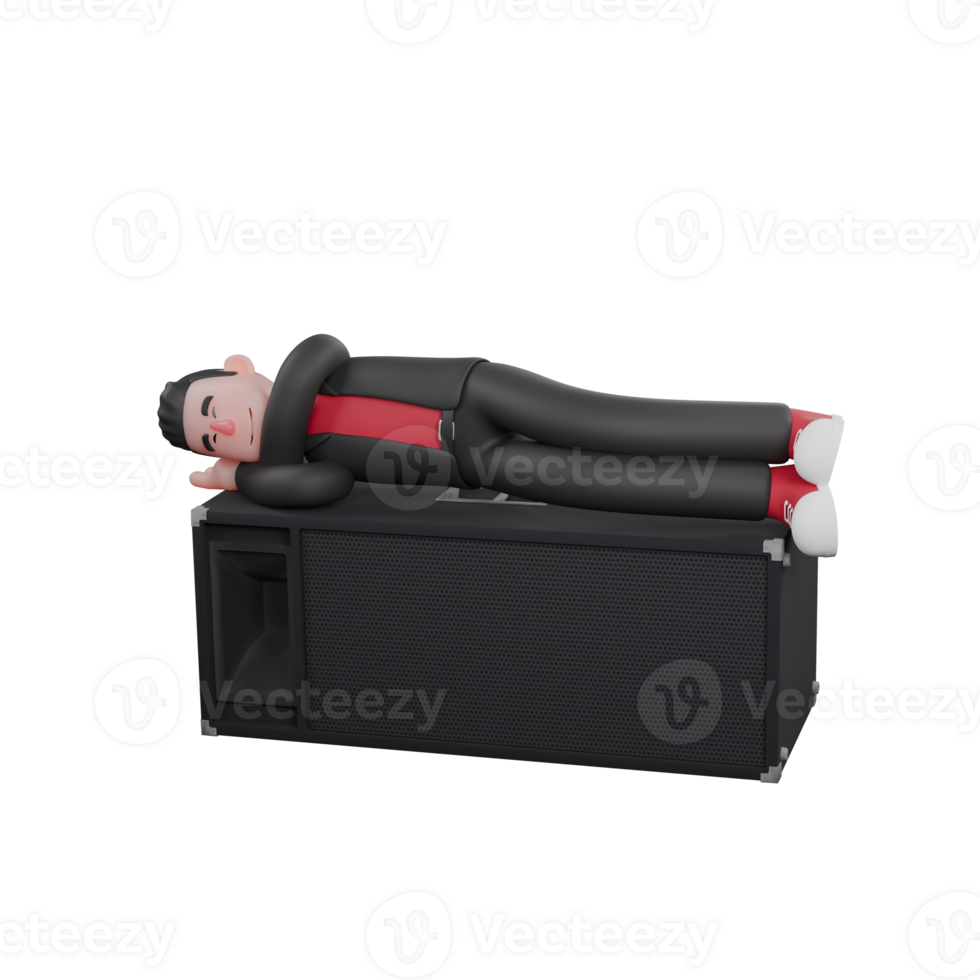 Cartoon Choreographer Dance Artist. A male choreographer sleeps on his side on a loudspeaker with his hands under his cheeks, a comfortable and calm expression. 3D Model png