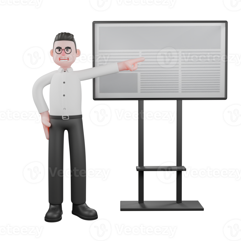 Cartoon Filmmaker Producer. A male producer stands with his left hand pointing to the whiteboard to his left. 3D Style png