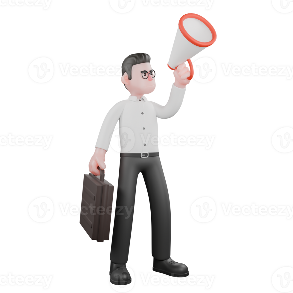 3D Filmmaker Producer. A male producer stands with his left hand lifting the loudspeaker up and his right hand carrying a briefcase. Cartoon Character png