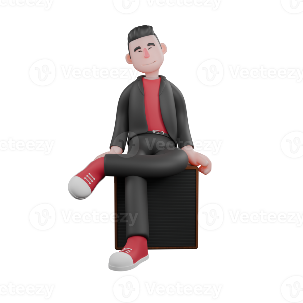 3D Dance Performer Model. A male choreographer sits on a loudspeaker with one leg crossed over the other, hands beside his body, relaxed expression. Choreographer Character png