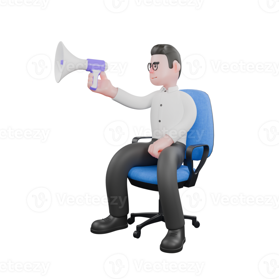 3D Cartoon Filmmaker. A male producer sits in his work chair while his right hand holds a loudspeaker that is directed forward. Studio Style png