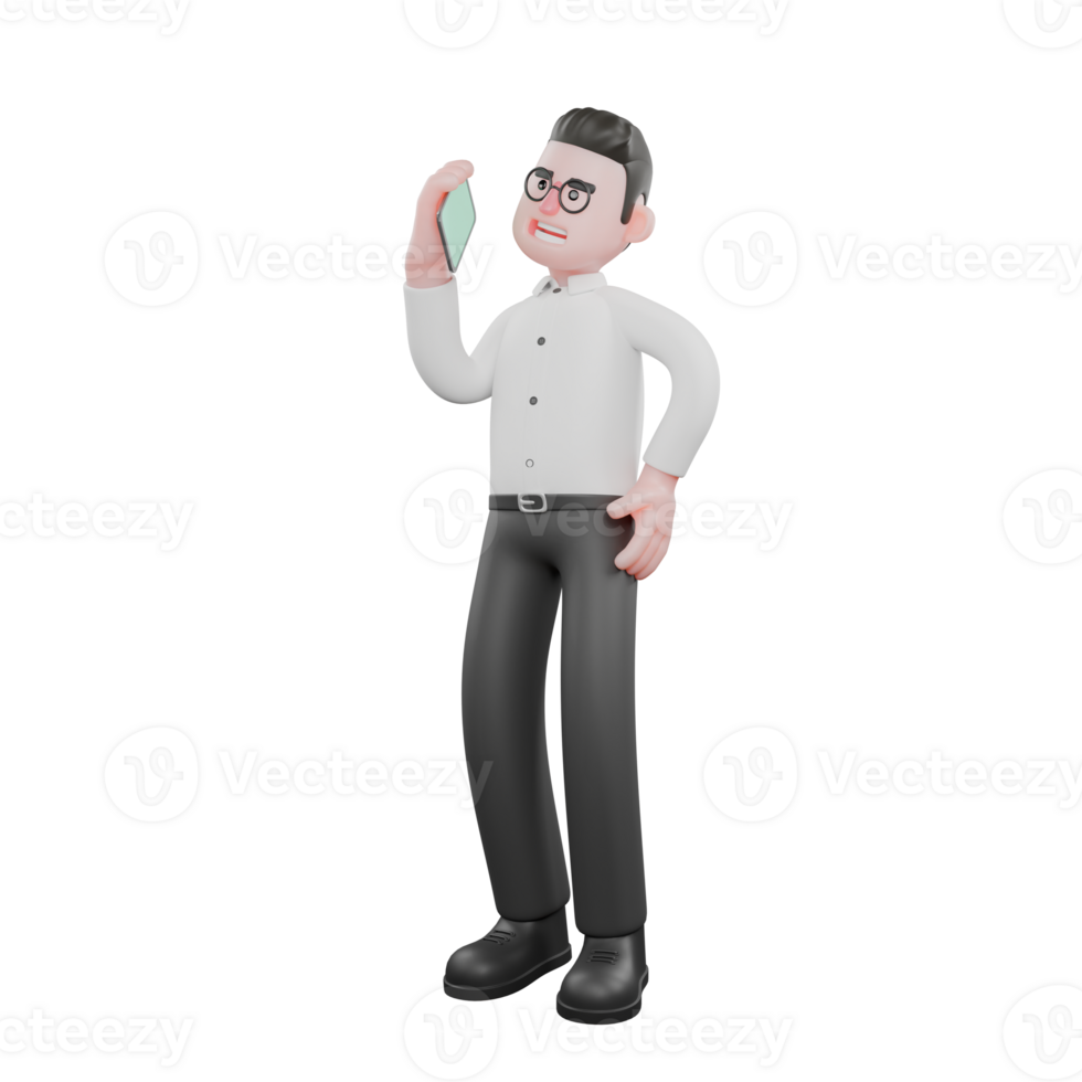 Cartoon Movie Director. A male producer stands with a cellphone in his hand, speaking with a serious expression. Movie Style png