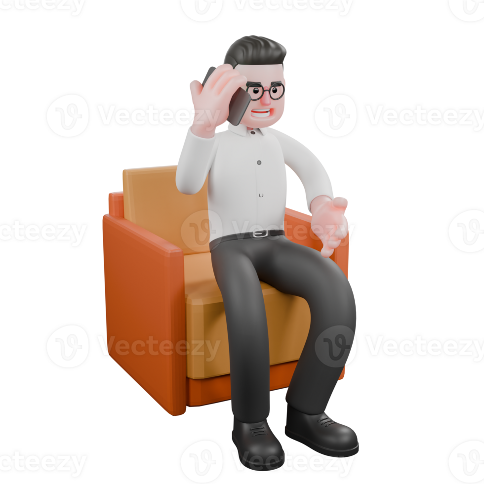3D Cartoon Model. A male producer sits on a sofa with a cellphone in his right hand with a serious expression. Cartoon Animation png