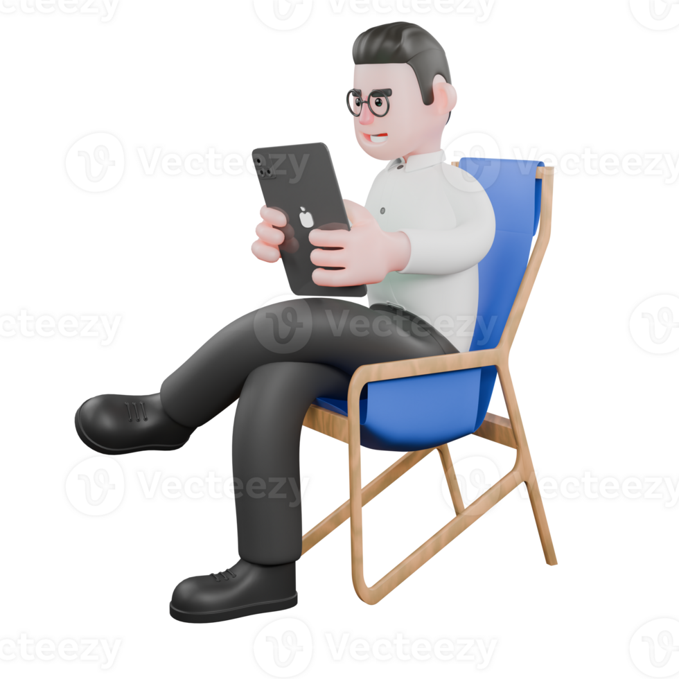 3D Model Film Producer. a male producer sits on a blue chair while holding a tablet in both hands. Cartoon Pro Design png