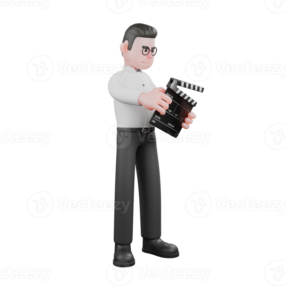 3D Cartoon Model. A male producer stands with both hands holding a clapperboard. Producer Illustration png
