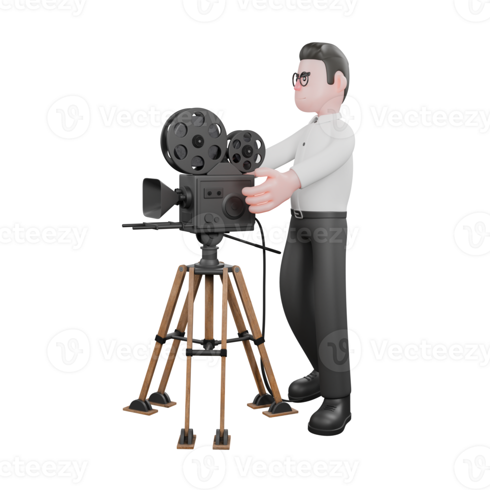Animated 3D Producer. A male producer stands while operating a film camera. Cartoon Movie Style png