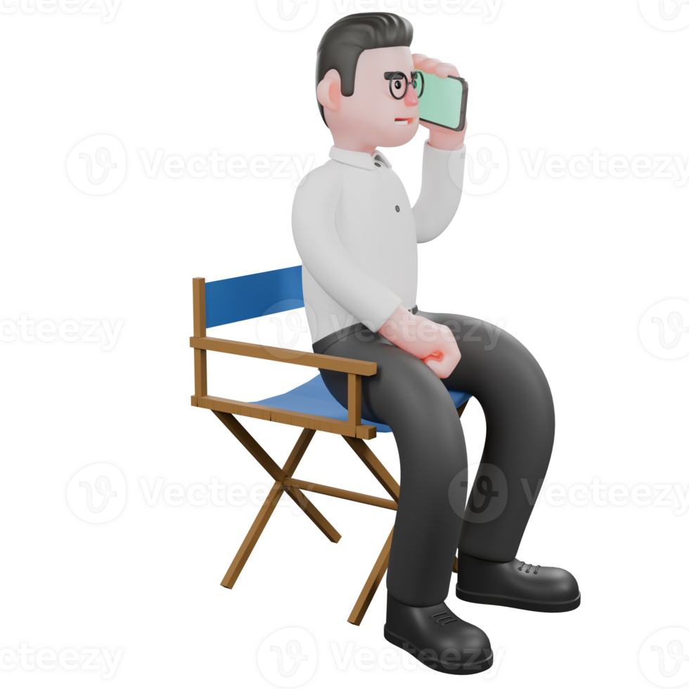 3D Movie Producer Cartoon. a male producer sits on a chair while holding a phone next to his ear. Pro Illustration png