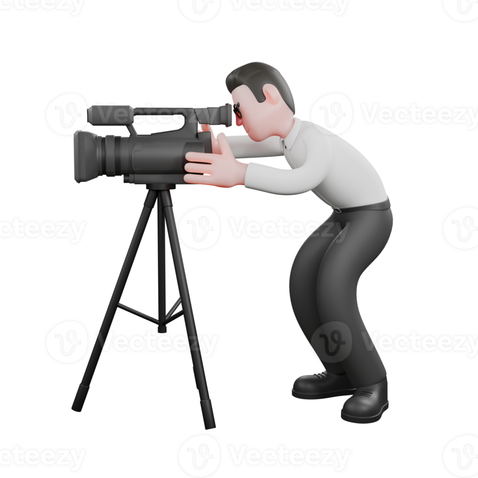 Animated Cartoon Producer. A male producer is squatting looking at the camera to the left. 3D Illustration png
