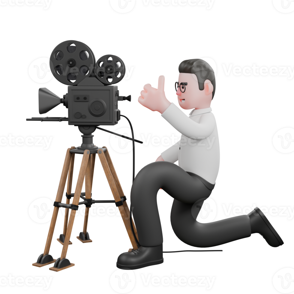 3D Cartoon Movie Producer. a male producer kneels beside an analog camera while his left hand raises a thumb. Professional Illustration png