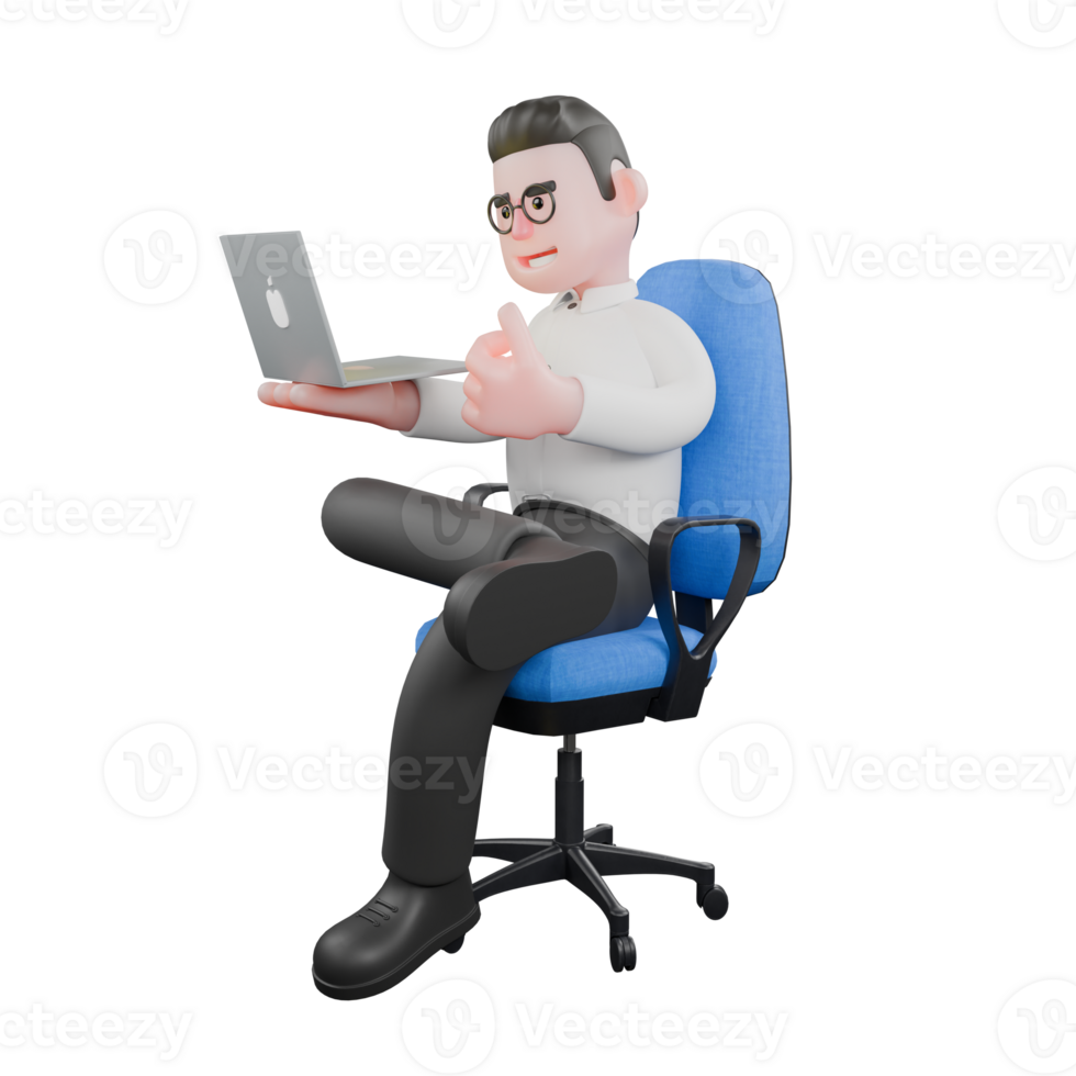 Film Set Cartoon Producer. A male producer sits on a chair with his right leg folded over his left leg and while looking at the labtop and raising his left thumb. 3D Model png