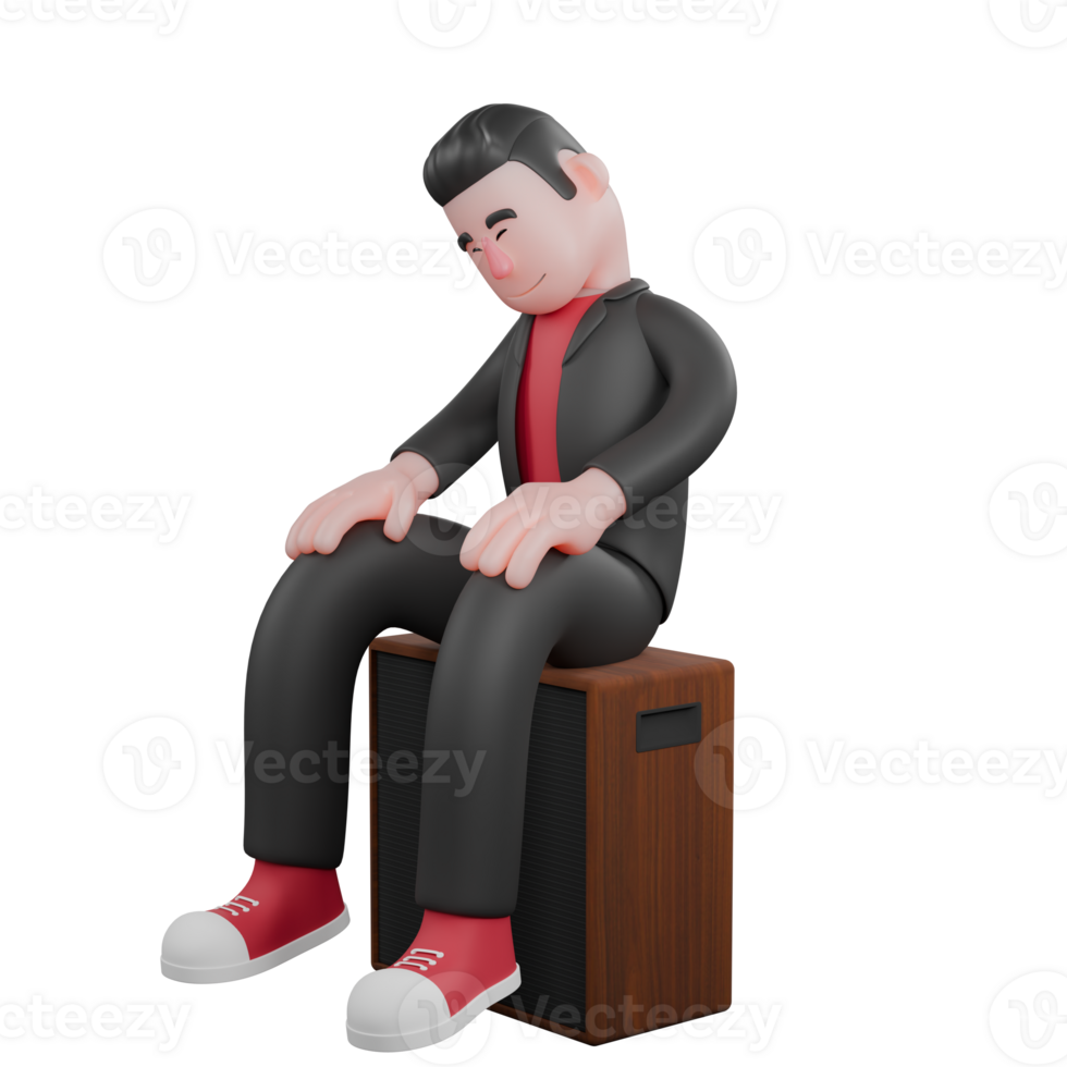 3D Dance Performer Cartoon. A male choreographer sits on a loudspeaker with his head tilted to the side, eyes closed, a light sleeping expression. Choreographer Design png