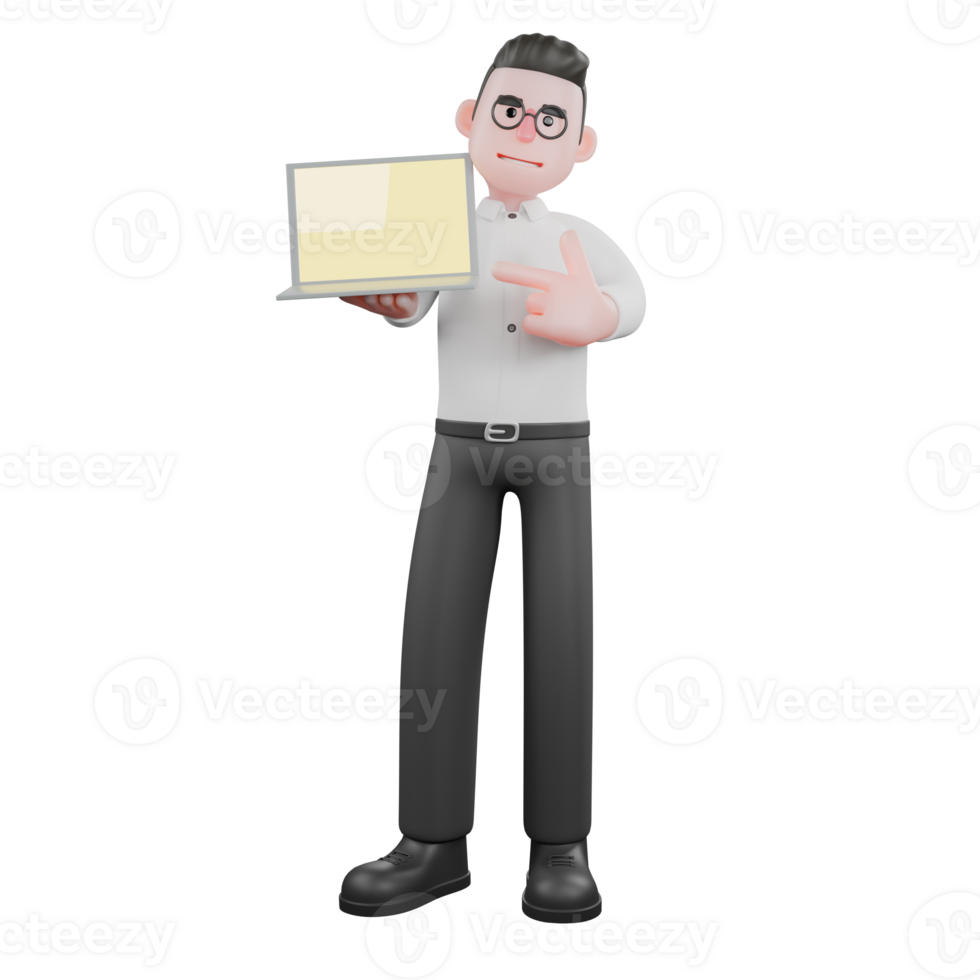 3D Film Producer Model. A male producer stands with his right hand holding a laptop while his left hand points to the laptop screen. Professional Illustration png