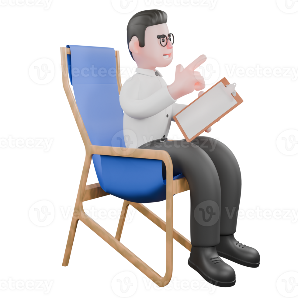 Film Producer Cartoon. A male producer is sitting on a chair facing right and his left hand is carrying a clipboard and his right hand is pointing upwards. 3D Professional png