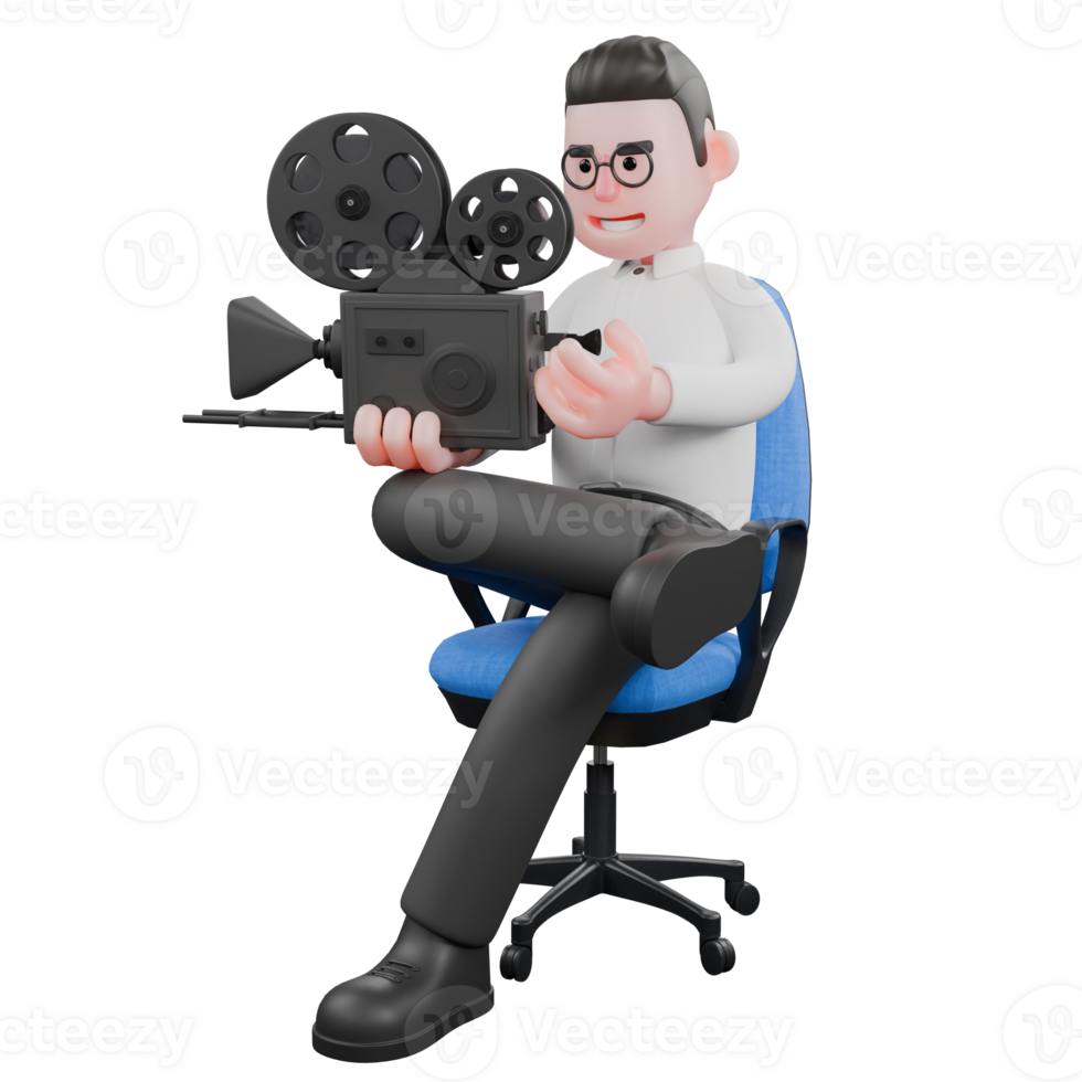 Animated 3D Cartoon Producer. A male producer sits on a chair while both hands are carrying an analog camera. Movie Style png