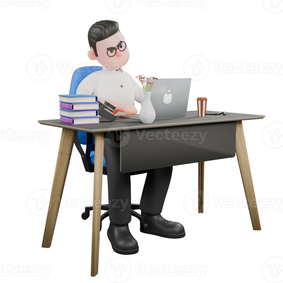 3D Animated Cartoon Producer. A male Producer sits on his desk chair while operating a labtop, his expression is anxious. Studio Style png