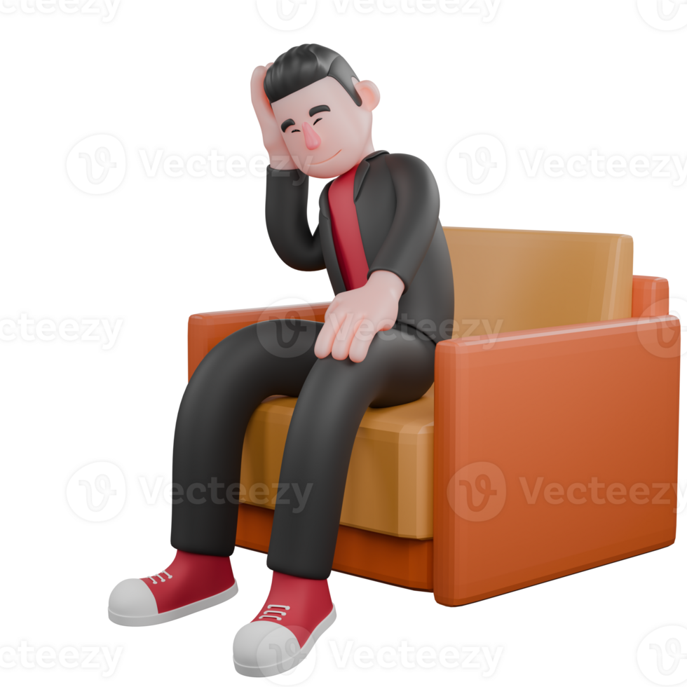 3D Cartoon Dance Artist Character. A male choreographer sits on a sofa with his head tilted, one hand supporting his head, a bored and lazy expression. Choreographer png