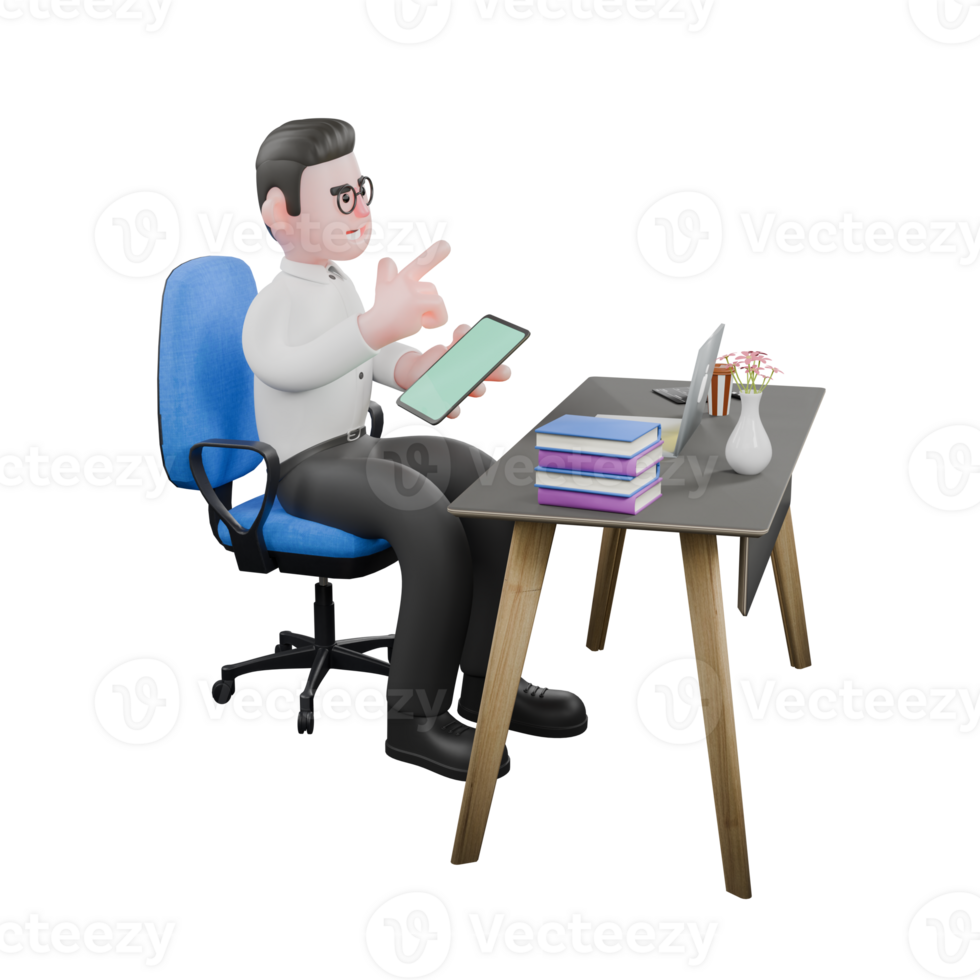 Film Scene 3D Producer. A male producer sits on his desk chair with his right hand pointing forward and his left hand holding a handphone. Cartoon Professional png