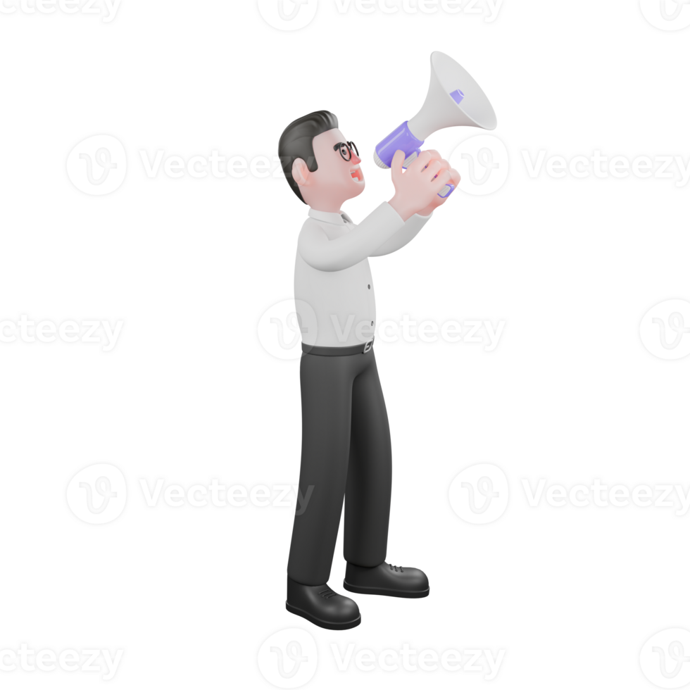 3D Filmmaker Model. A male producer is standing while carrying a loudspeaker pointing upwards. Cartoon Style png