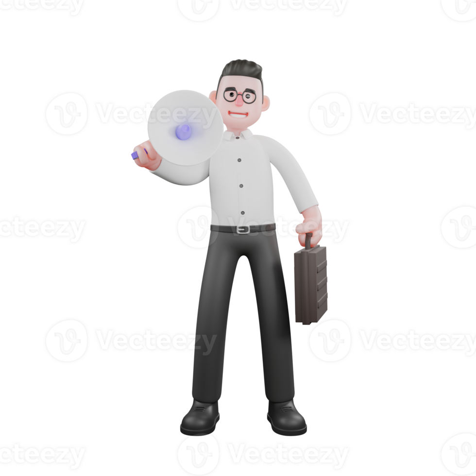 3D Model Cartoon Producer. A male producer stands with his right hand carrying a loudspeaker and his left hand carrying a briefcase. Animation Illustration png