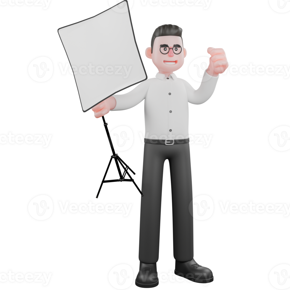 3D Cartoon Filmmaker. a male producer stands with his right hand holding a studio lighting lamp while his left hand is clenched. Producer Illustration png