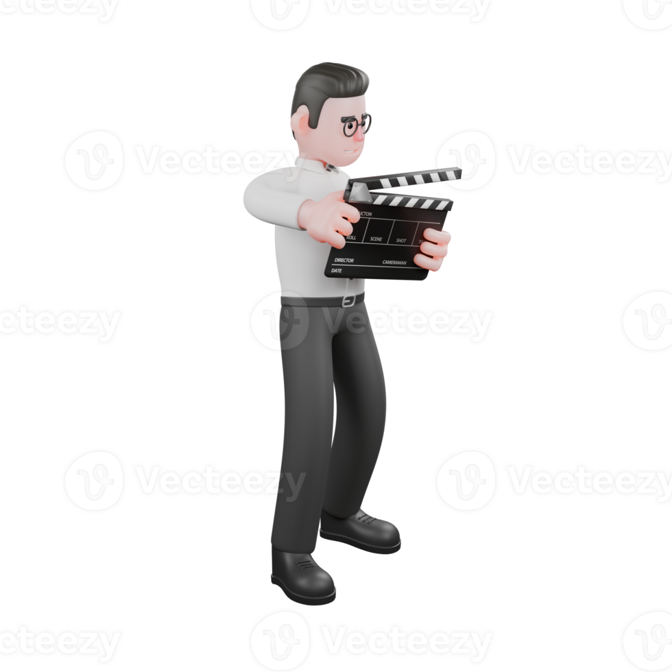 Animated Cartoon Director. A male producer stands while holding a Clapperboard. Producer Illustration png