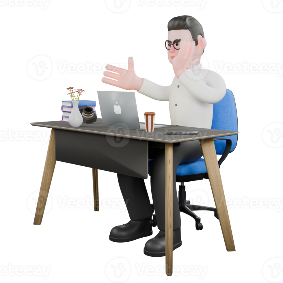 3D Model Movie Producer. A male Producer sits on his desk chair staring at his labtop while his left hand holds his cheek. Cartoon Illustration png