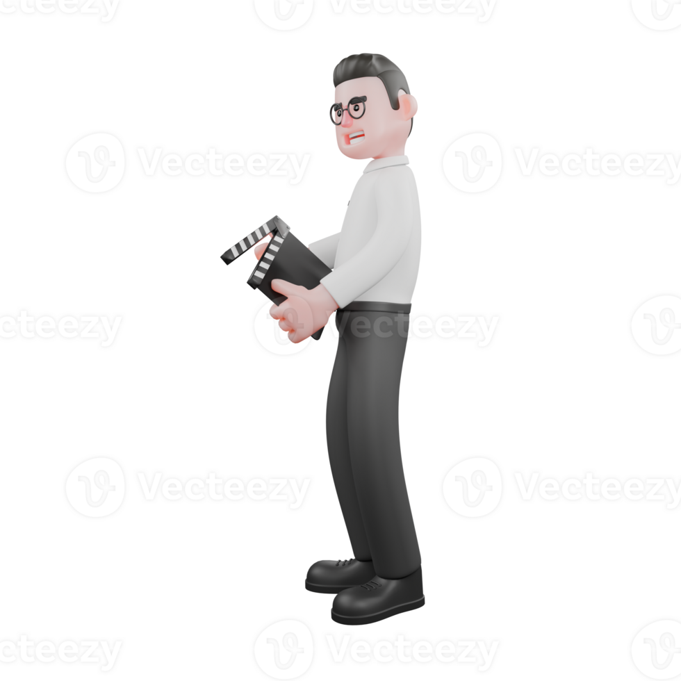 Movie Producer Cartoon. A male producer stands facing right with both hands holding a clap cut board. Movie Style png