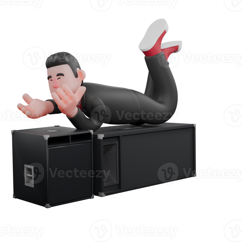 Choreographer in 3D. A male choreographer sleeps face down on a loudspeaker with his head resting on his hands, a calm expression. Dance Creator Model png