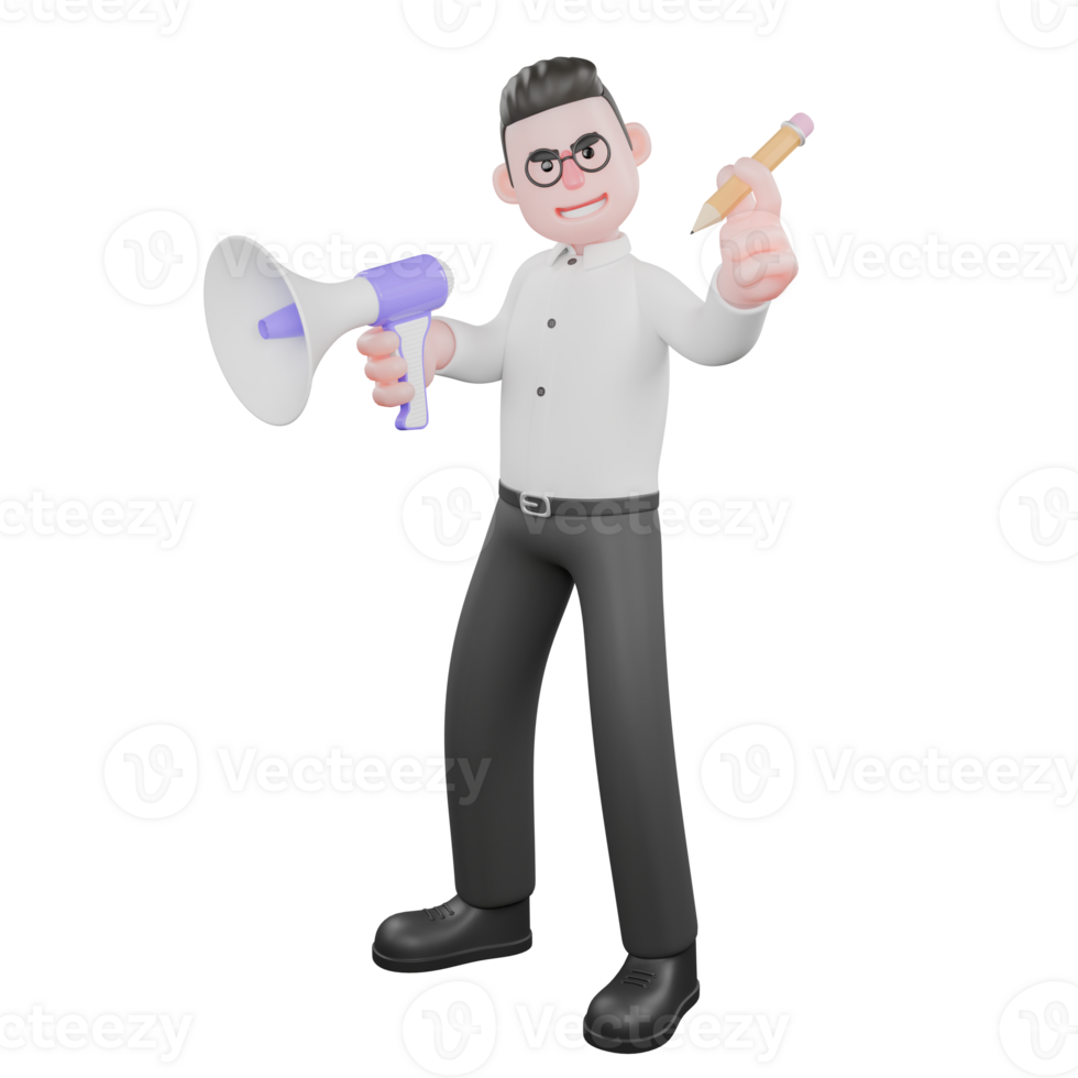Creative 3D Producer. a male producer stands while holding a loudspeaker in his right hand while his left hand holds pencil. Cartoon Illustration png