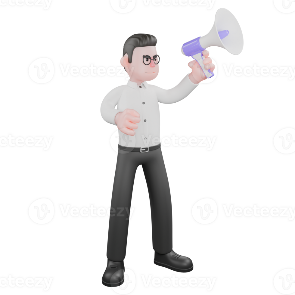 Filmmaker 3D Cartoon. A male producer is standing with his left hand raised up while holding a loudspeaker with his right hand raised slightly. Producer Illustration png