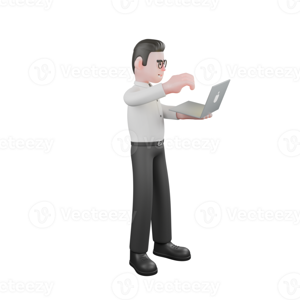 Cartoon Director 3D Model. A male Producer stands while operating a laptop. Movie Style png