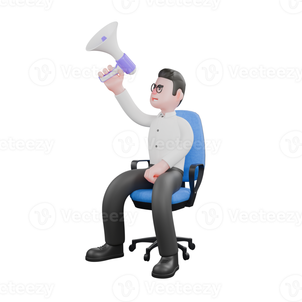 Movie Producer 3D Cartoon. a male producer sits on a blue chair while holding a loudspeaker in his hand. Studio Style png