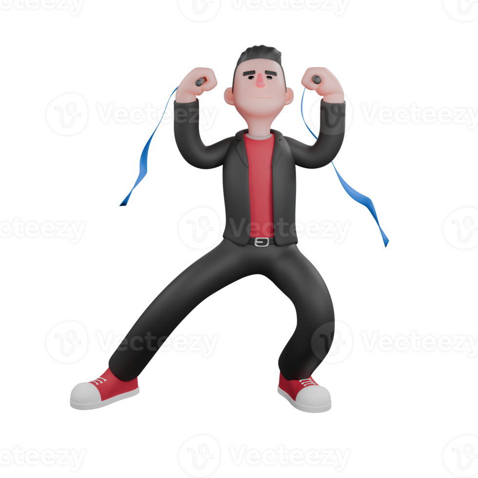 Cartoon Dance Dancer Character. A male choreographer stands with both hands raised while holding a magic wand with a blue string with a powerful expression. 3D Choreographer png