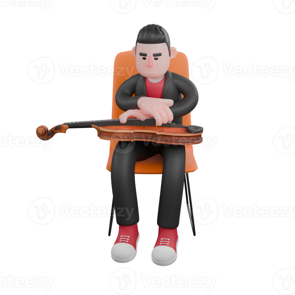 3D Choreographer Dance Artist. a male choreographer sits on a chair with his hands crossed on a contrabass. Cartoon Performer png