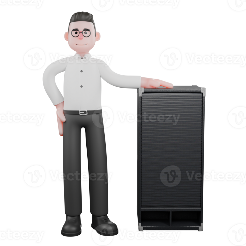 Cartoon 3D Filmmaker. a male producer stands beside a loudspeaker with his right hand on the loudspeaker while his right hand is on his waist. Professional Illustration png