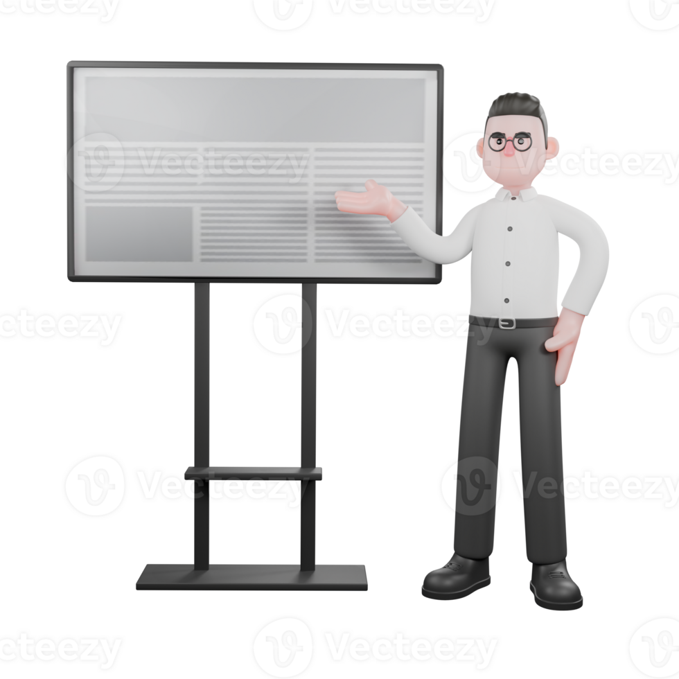 3D Producer in Action. a male producer stands beside the board with his right hand pointing to the board as if explaining. Cartoon Professional Illustration png
