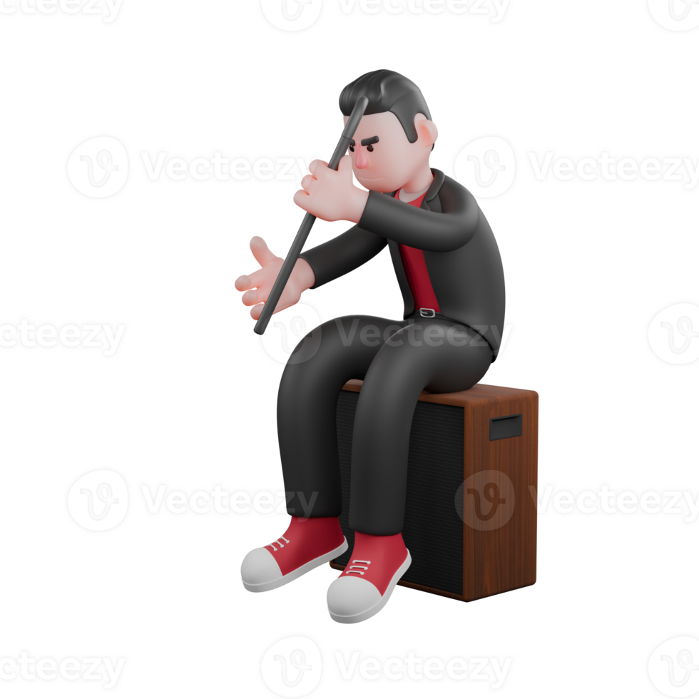 Cartoon Dance Choreographer Character. A male choreographer sits at the speaker with both hands holding a stick. 3D Artist png