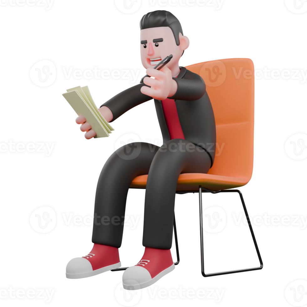 Choreographer in 3D. A male choreographer sits on a chair while holding paper and pen in both hands with a smiling expression. Dance Creator Character png