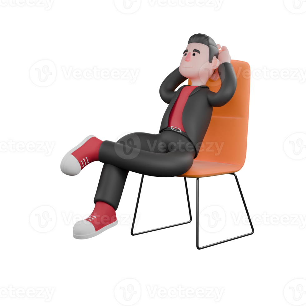 Dance Creator 3D Cartoon Character. A male choreographer sits on a chair with his left leg bent and placed on top of his right leg while both hands are placed behind his head. Choreographer png