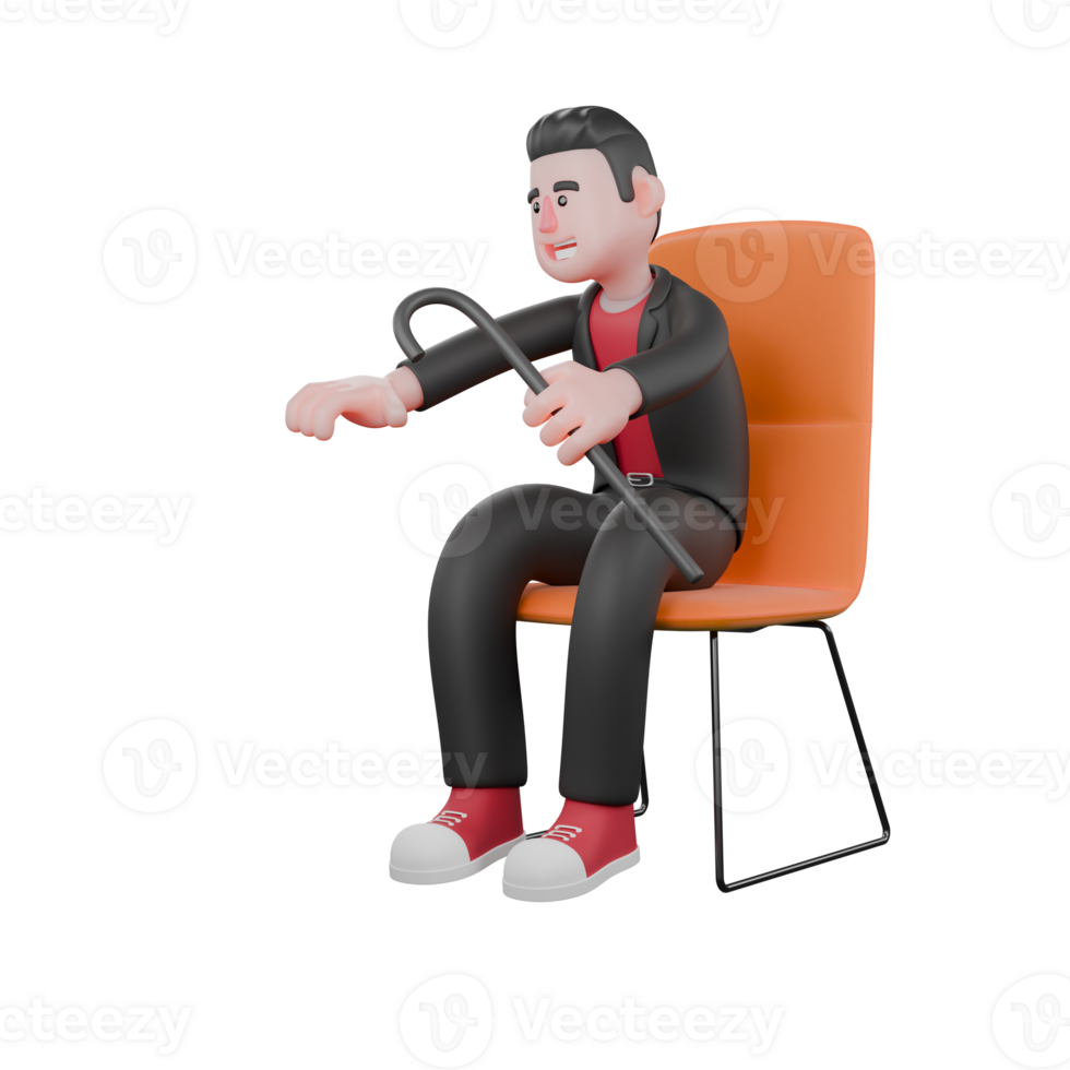 Animated Dance Creator in 3D. A male choreographer sits on a chair with his right hand in front and his left hand holding a stick. Choreographer Design png