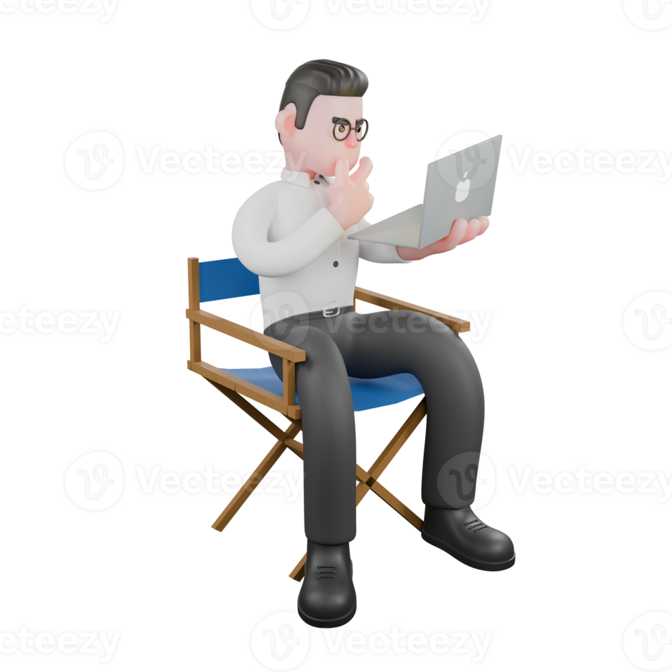 3D Animation Producer. a male producer sits on a chair while holding a laptop with his left hand while his right hand is on his chin with a serious expression. Cartoon Professional Model png