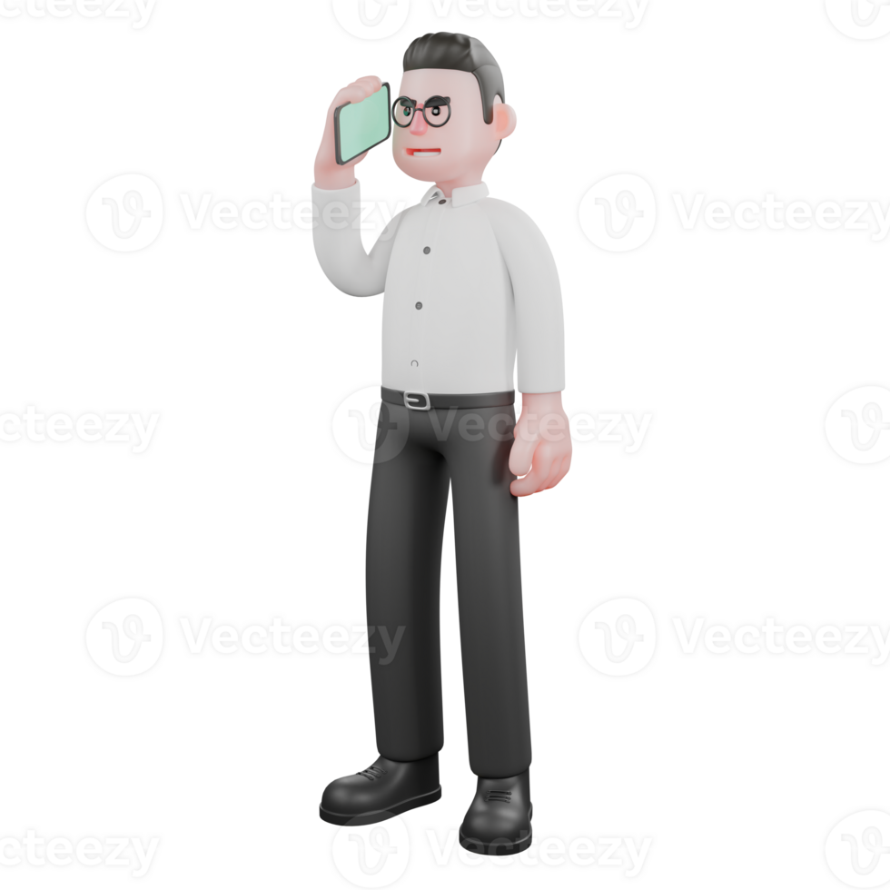 3D Director Producer. a male producer stands while holding a phone with one hand with a serious expression. Professional Cartoon Model png