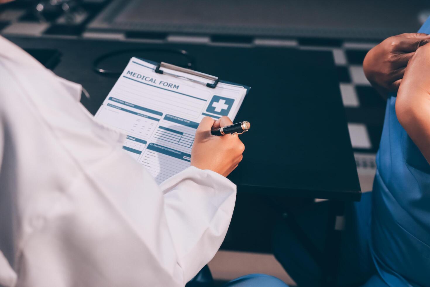 Clinic, tablet and hands of doctor with patient for consulting, medical service and help in hospital. Healthcare, telehealth and people on digital tech for diagnosis, online results and insurance photo